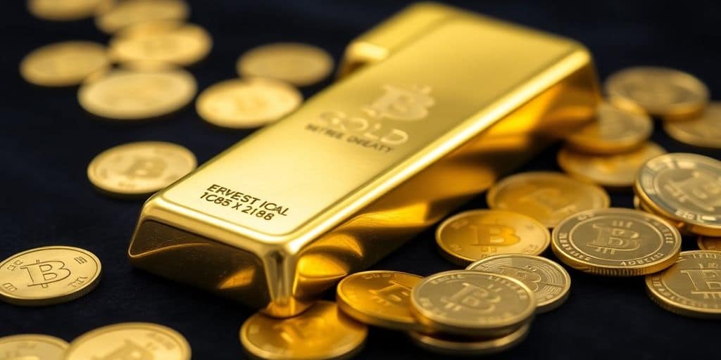 Barre d’or et pièces de monnaie sur fond sombre.