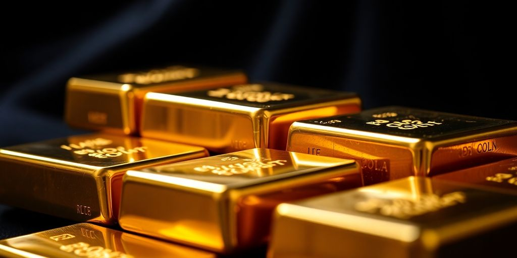 Lingots d'or brillants sur un fond sombre.