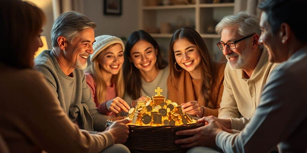 Réunion familiale autour d'un héritage en or.