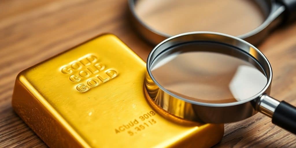 Barre d’or avec une loupe sur une table en bois.