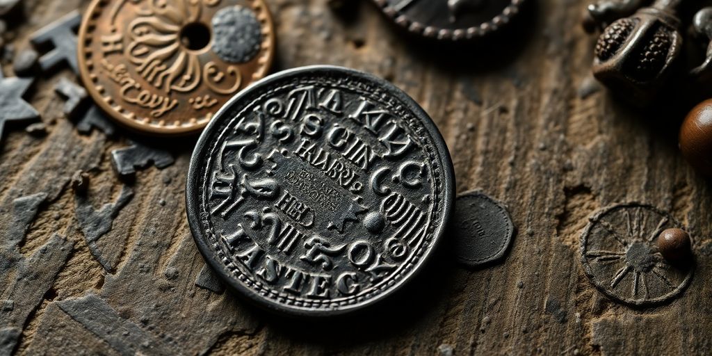 Monnaie ancienne sur une surface texturée.