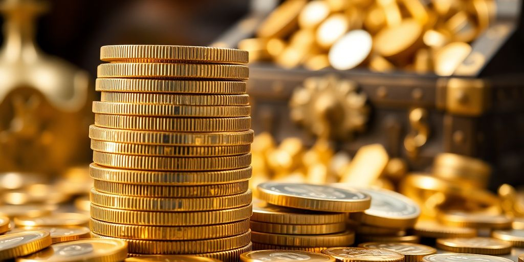 Pièces d'or et d'argent empilées sur un coffre au trésor.