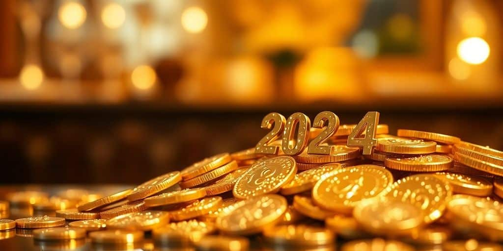 Piles de pièces d'or brillantes sur fond flou.
