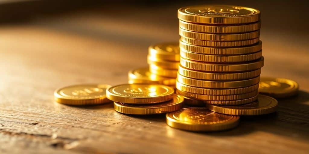 Des pièces d'or brillantes empilées sur une surface en bois.