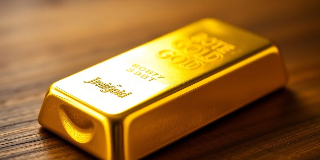 Lingot d'or brillant sur une surface en bois.
