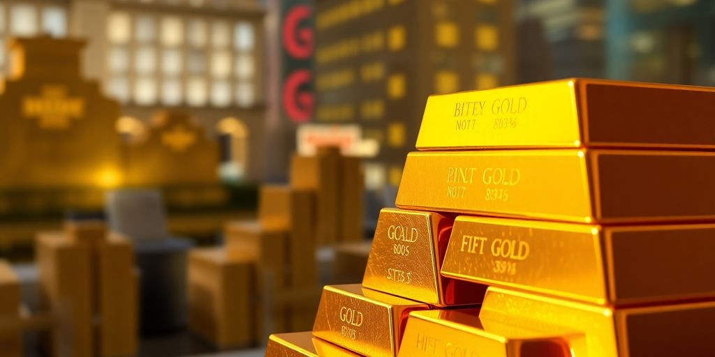 Barres d'or brillantes avec un arrière-plan flou.
