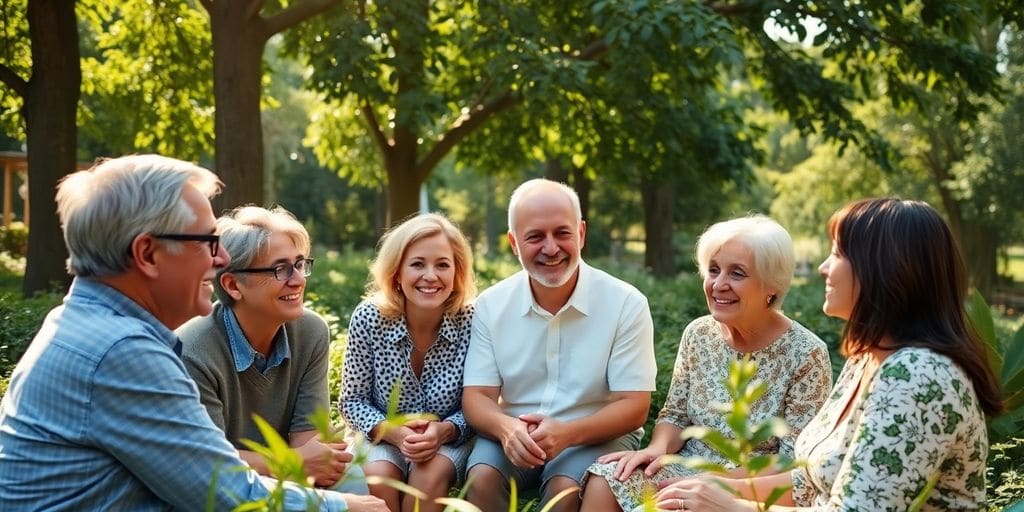 Réunion familiale dans un jardin, partage d'idées.