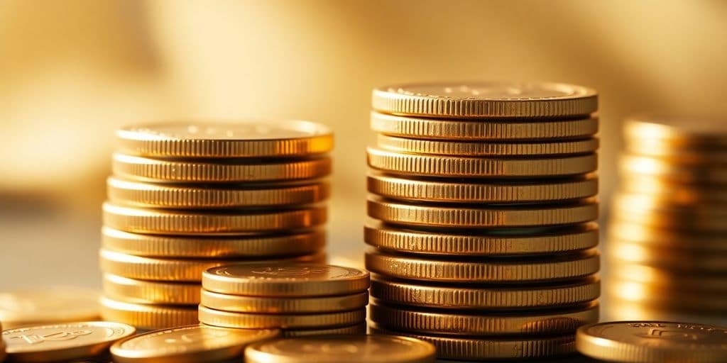 Des pièces d'or brillantes empilées sur une surface.
