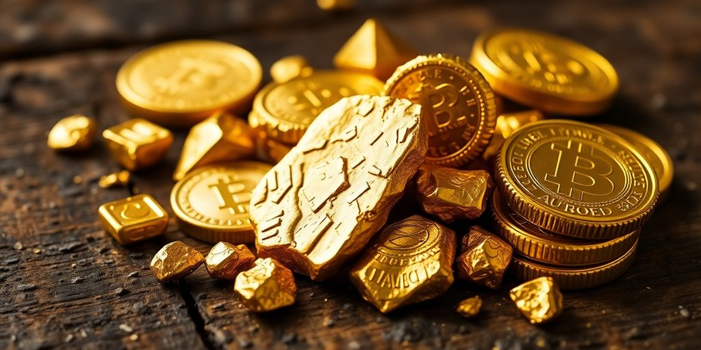 Gros plan sur des pépites d'or et des pièces.