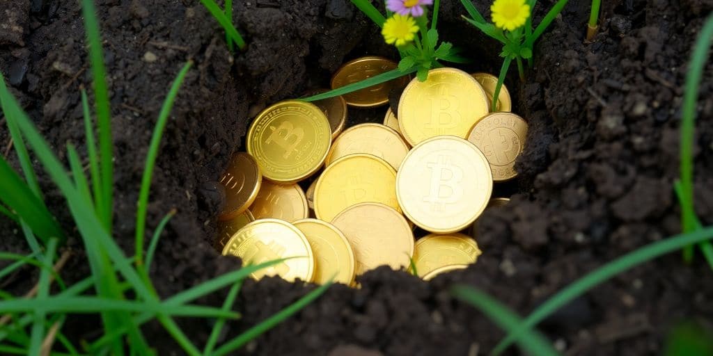 Pièces d'or cachées dans le sol, entourées d'herbe.