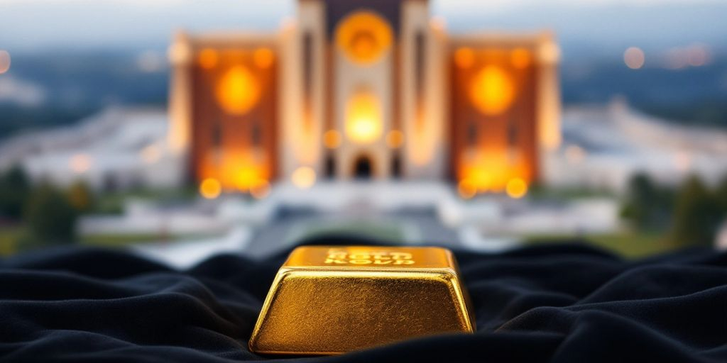 Barre d'or sur fond flou de Fort Knox.