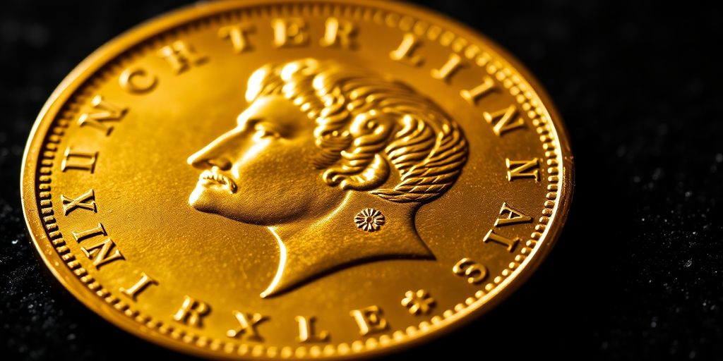 Pièce de monnaie Napoléon en or sur fond sombre.