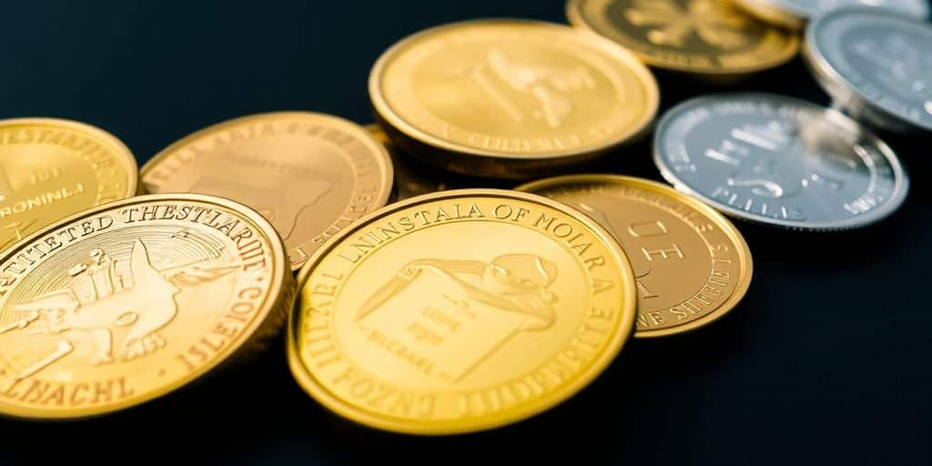 Pièces d'or et d'argent contrastant sur une surface sombre.