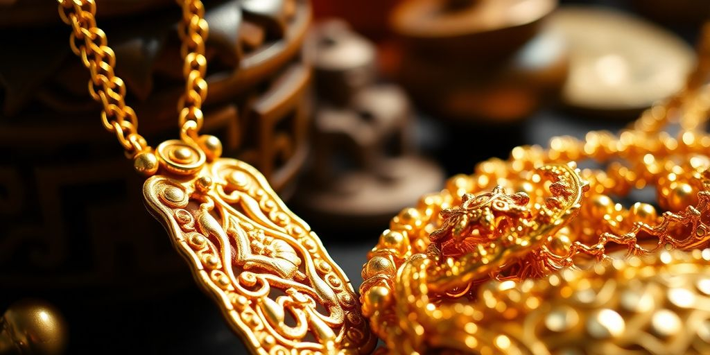 Bijoux en or avec des artefacts culturels en arrière-plan.
