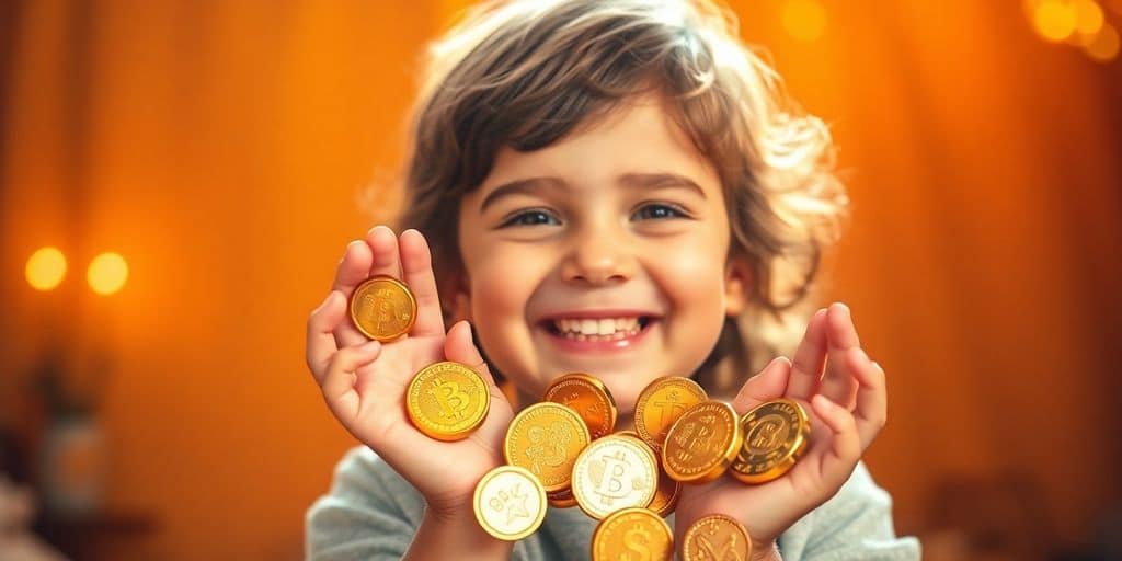 Un enfant tenant des pièces d'or.