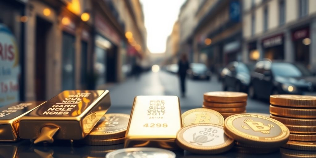 Barres et pièces d'or brillantes sur fond parisien.
