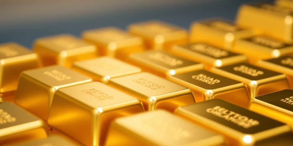 Barres d'or empilées avec éclat.