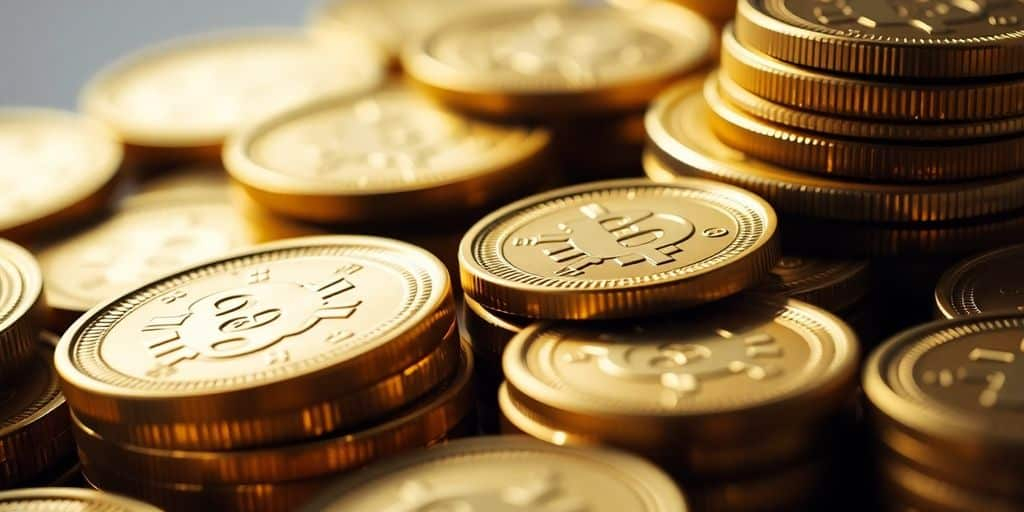 Pièces d'or anonymes empilées sur un fond flou.