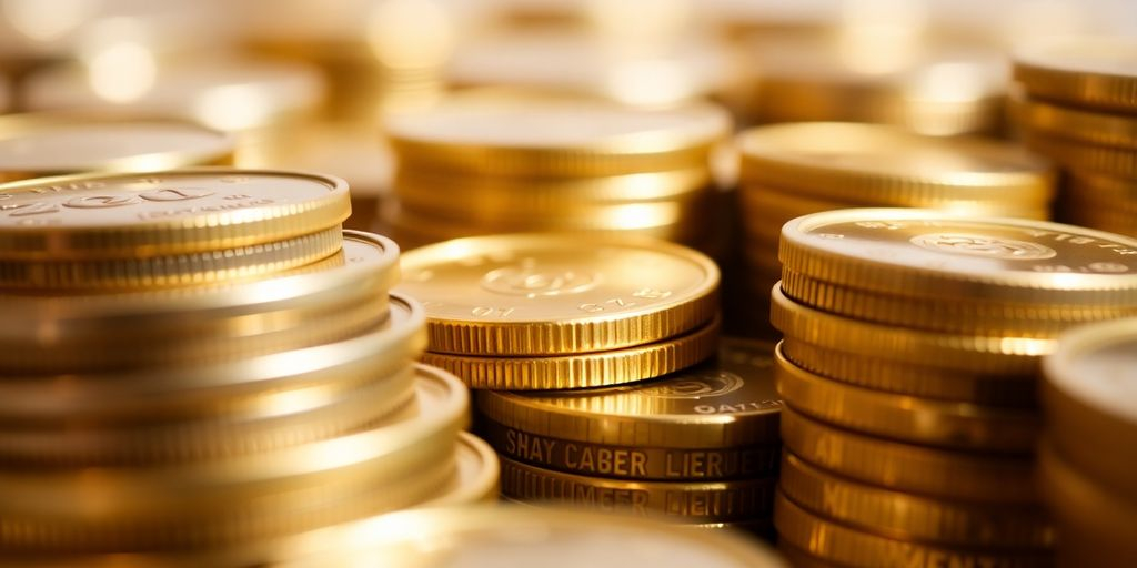 Pièces d'or et d'argent empilées sur une surface.