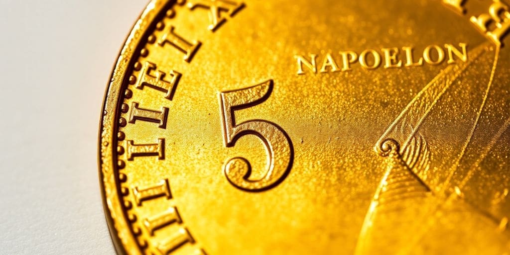 Pièce d'or de 5 francs Napoléon sur fond neutre.