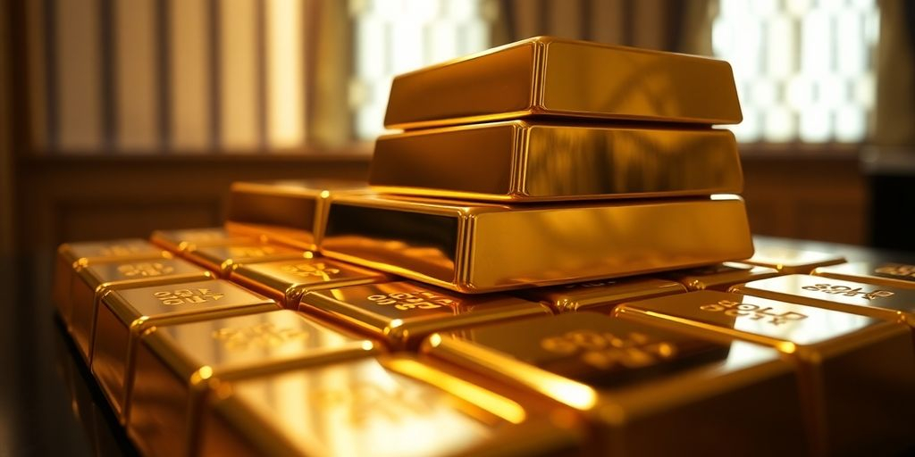 Lingots d’or empilés dans un cadre luxueux.