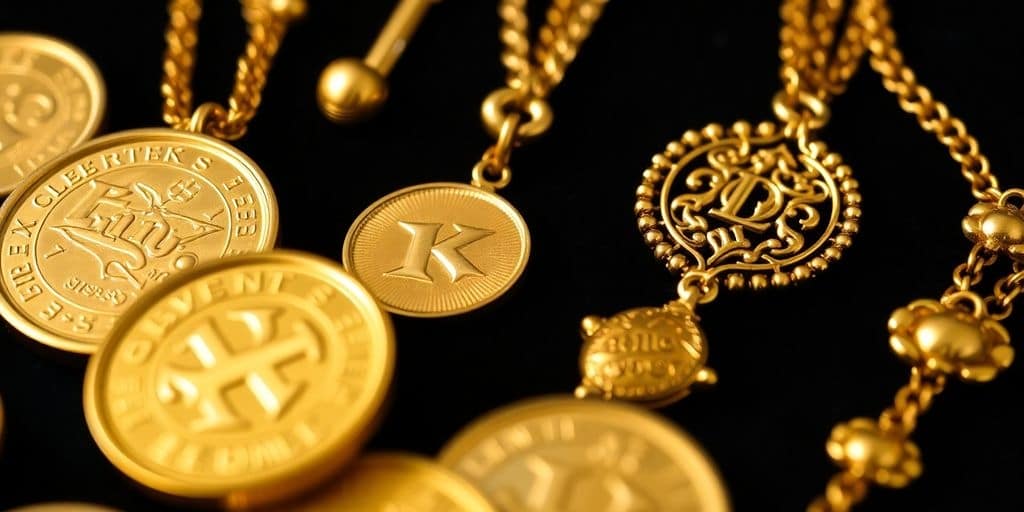 Des pièces d'or et bijoux sur un fond sombre.