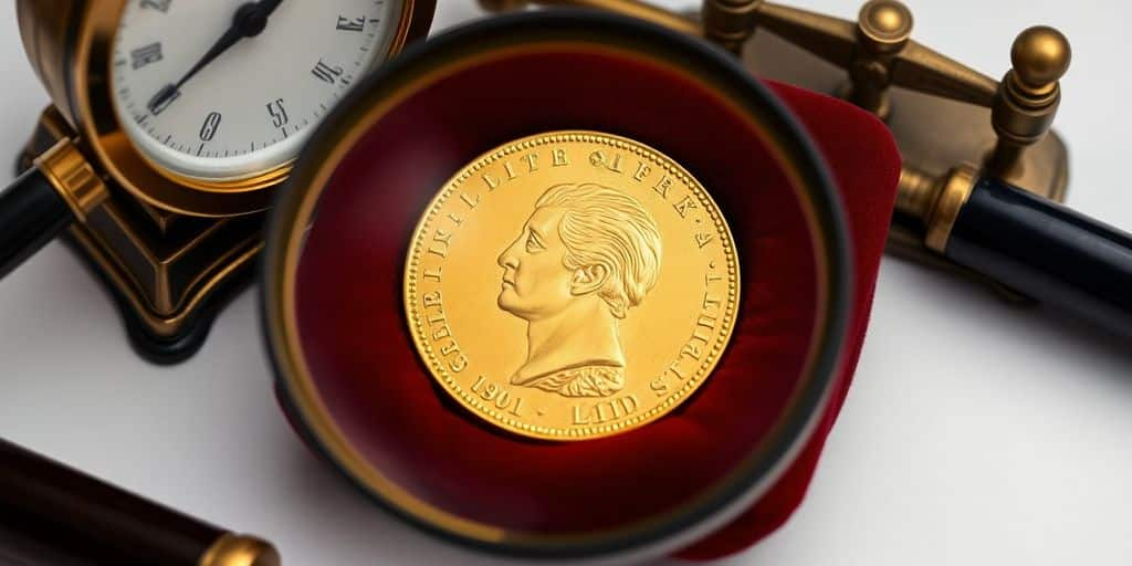 Monnaie en or Napoléon sur un coussin en velours.