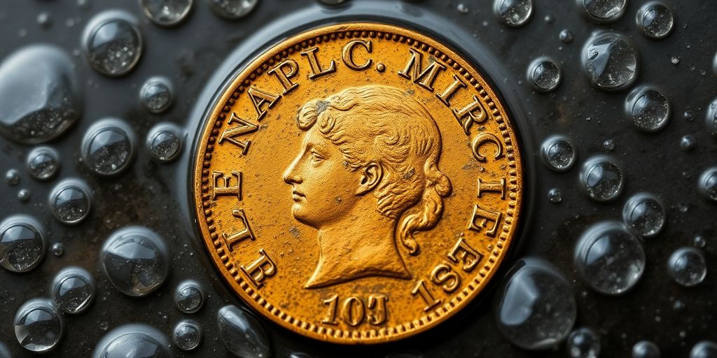 Pièce de Napoléon en or endommagée par l'humidité.