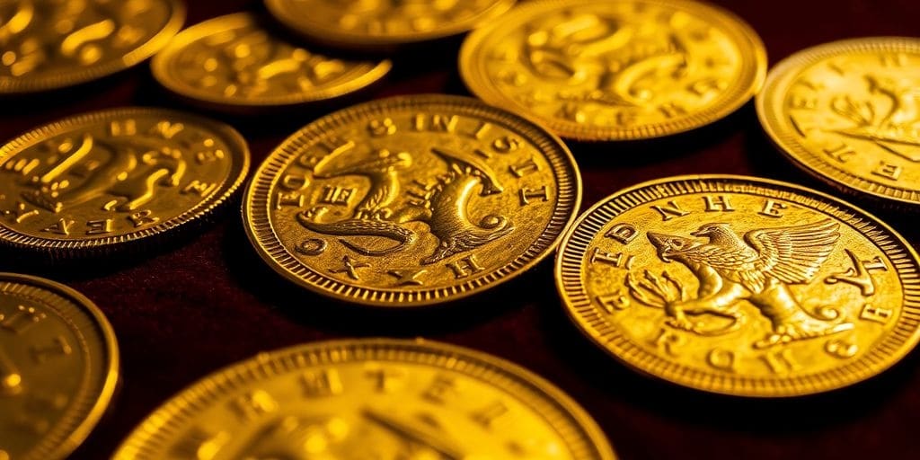 Pièces d'or anciennes sur un fond en velours.