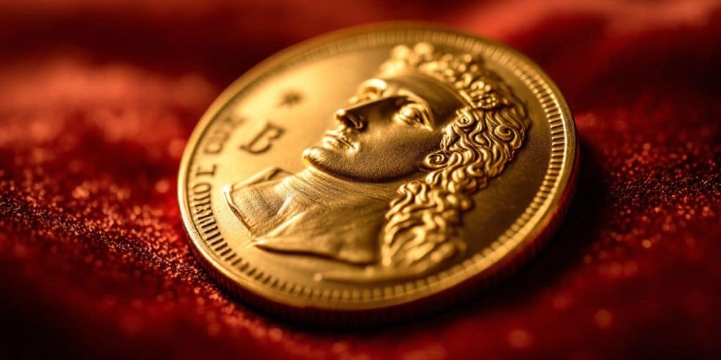 Pièce de Napoléon en or sur fond velours.