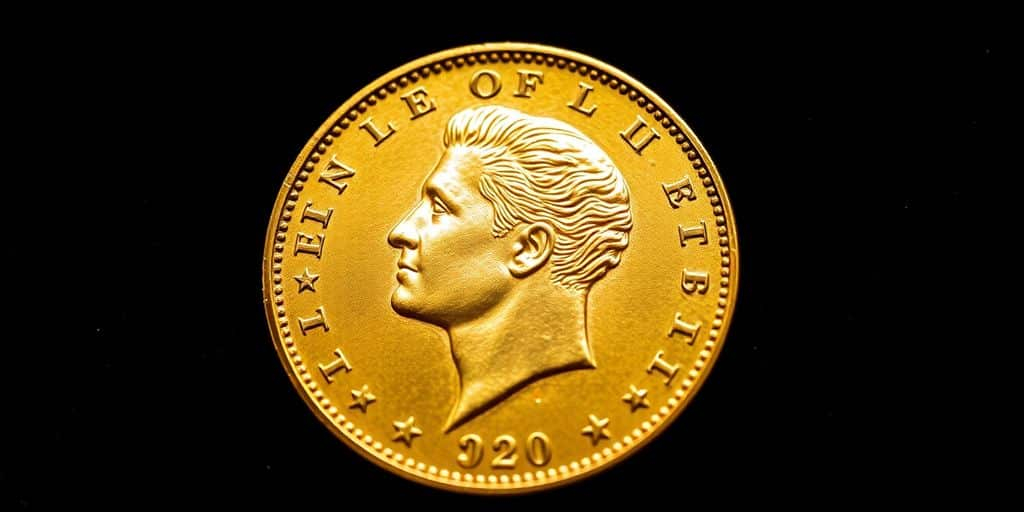 Pièce de monnaie Napoléon en or sur fond sombre.