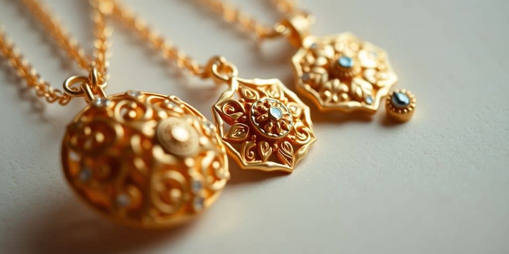 Bijoux en or avec des détails raffinés sur fond neutre.