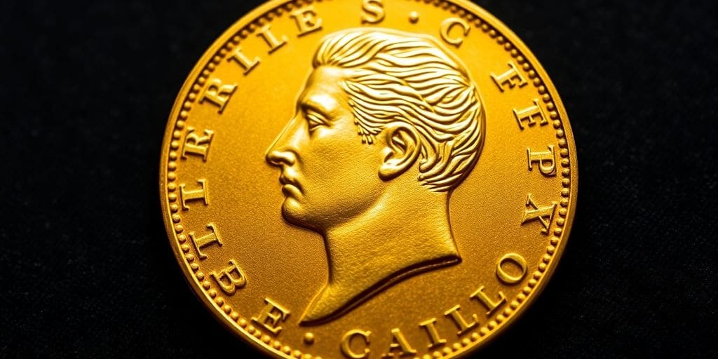 Pièce d'or Napoléon sur fond sombre.