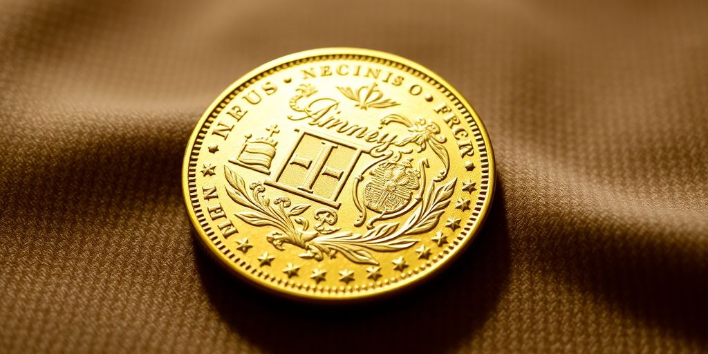 Pièce en or de Napoléon sur un fond velouté.