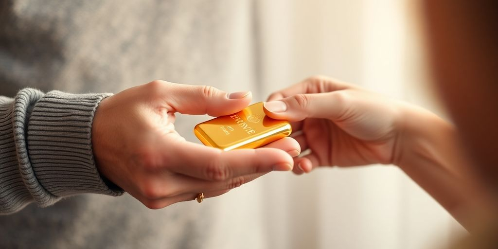 Un ami offrant une barre d'or à un autre ami.