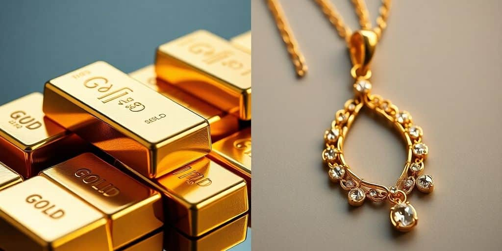 Barres d'or et bijoux en or côte à côte.