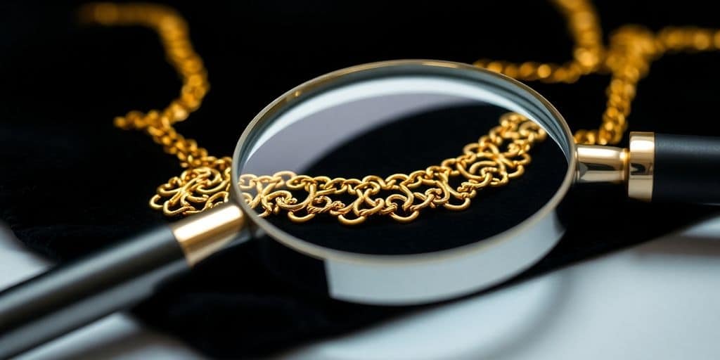 Bijoux en or sur un tissu noir avec loupe.