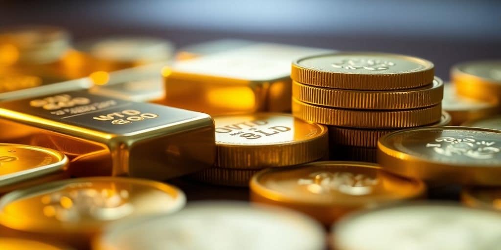 Des lingots et pièces d'or brillants.