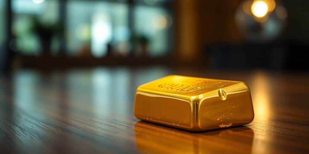 Lingot d'or sur une table en bois.