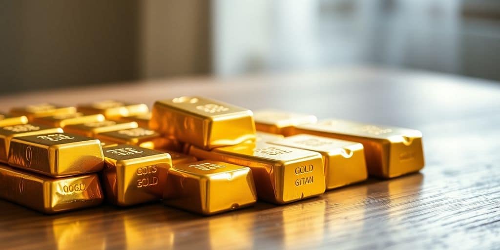 Lingots d’or brillants sur une table en bois.