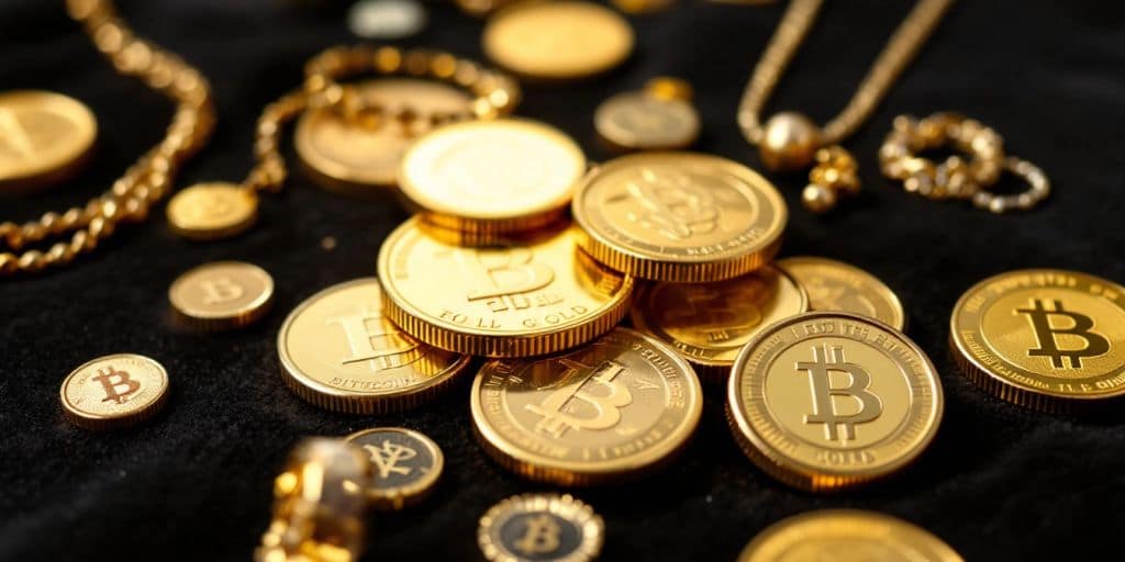 Pièces d'or et bijoux sur un fond en velours.