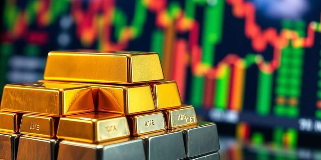 Barres d'or et d'argent brillantes empilées.