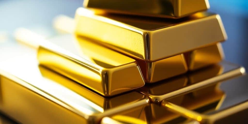 Lingots d’or empilés sur une surface brillante.