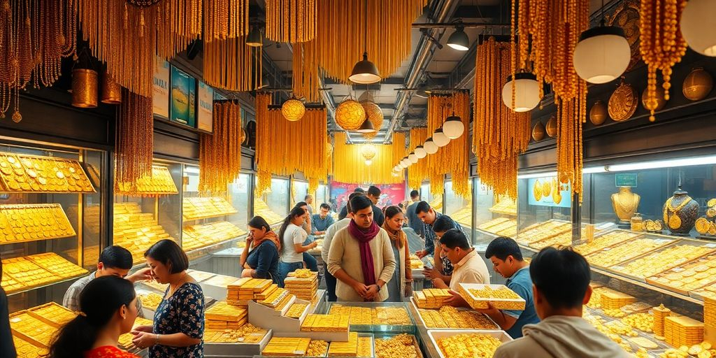 Marché animé avec des bijoux et des pièces d'or.