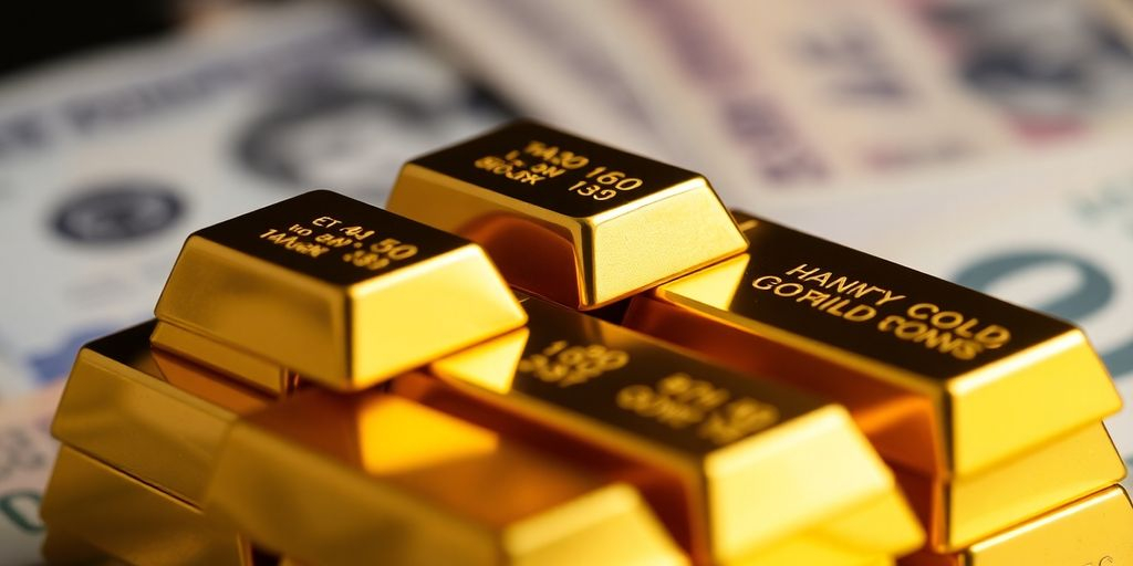 Barres d'or avec des billets de banque flous en arrière-plan.