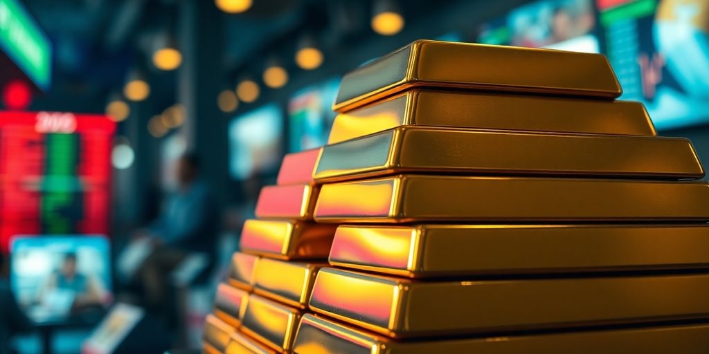 Barres d'or brillantes empilées sur un fond flou.