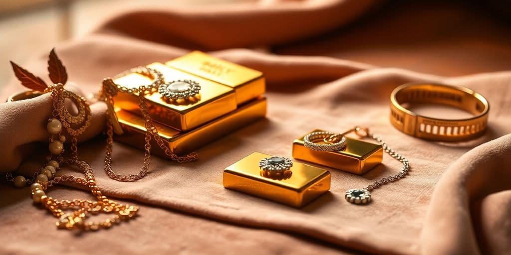 Des lingots d'or et des bijoux élégants sur du velours.