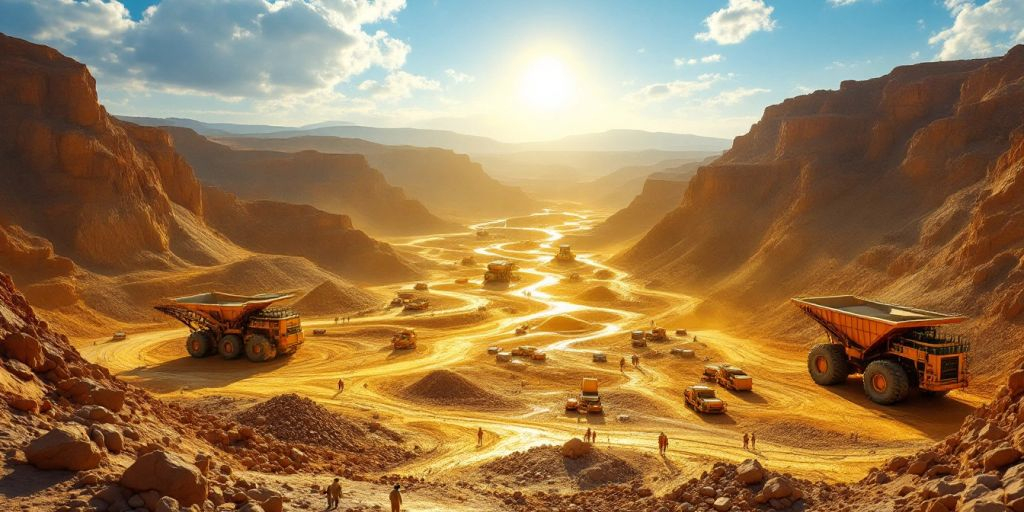 Mine d'or avec machines et travailleurs en action.