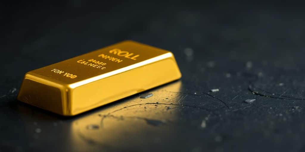 Un lingot d'or brillant sur une surface sombre.