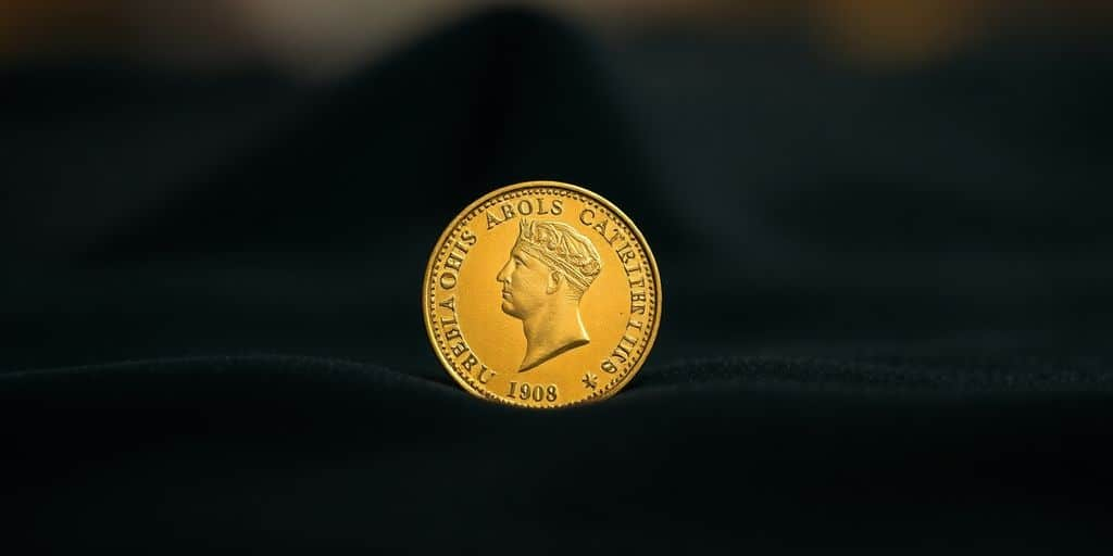 Pièce en or de Napoléon sur un fond sombre.